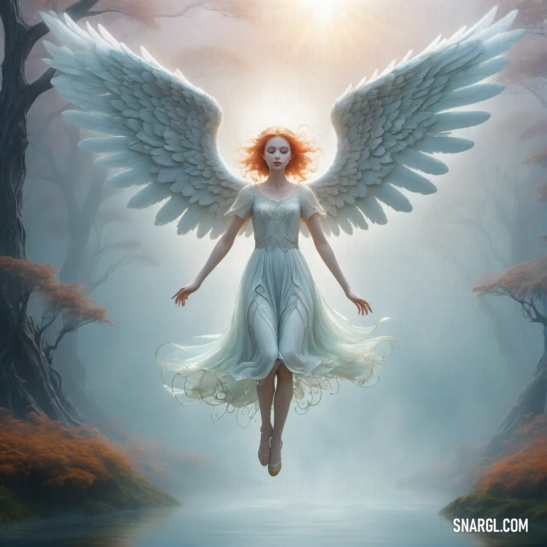 Angel with white wings is walking through a forest with trees and water in the background
