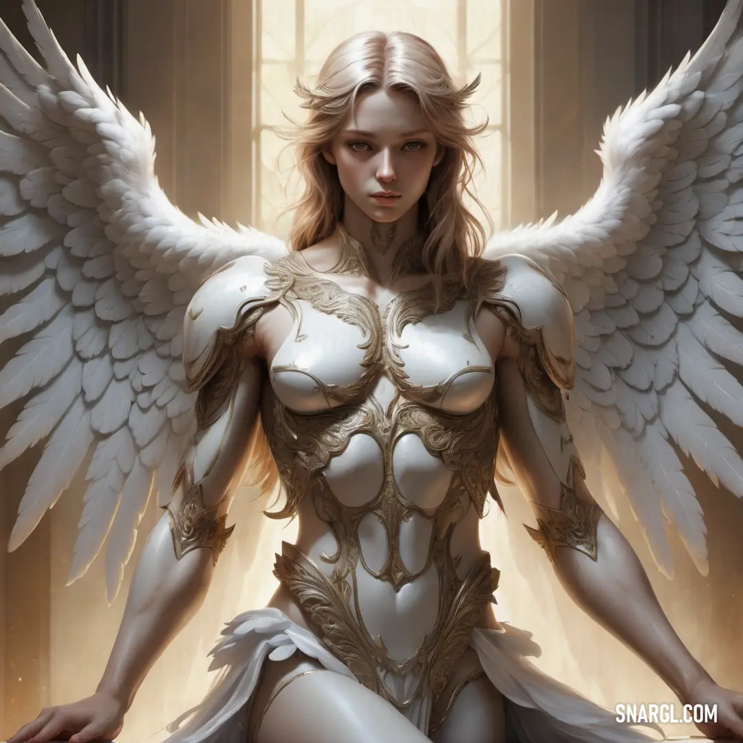 Angel with white wings on a table with a sword in her hand and a window behind her