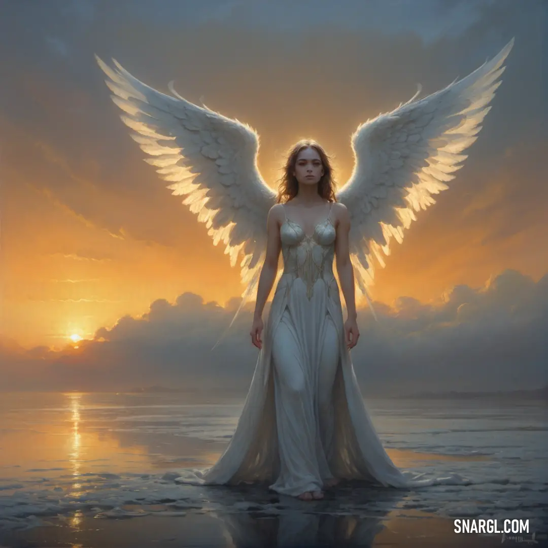 Angel with white wings standing in the water at sunset with a sunset behind her and a sky with clouds