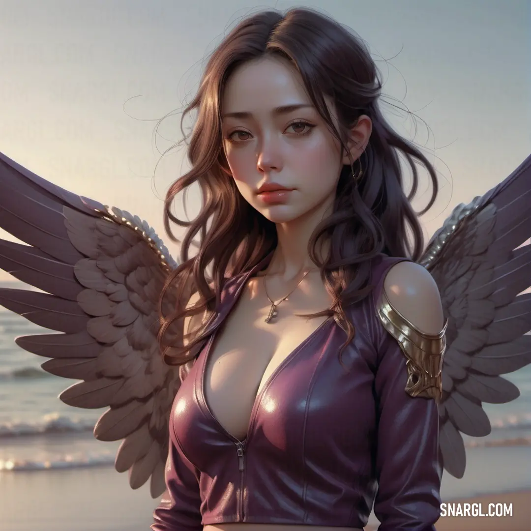 Angel with wings on her chest standing on a beach near the ocean at sunset or sunrise time