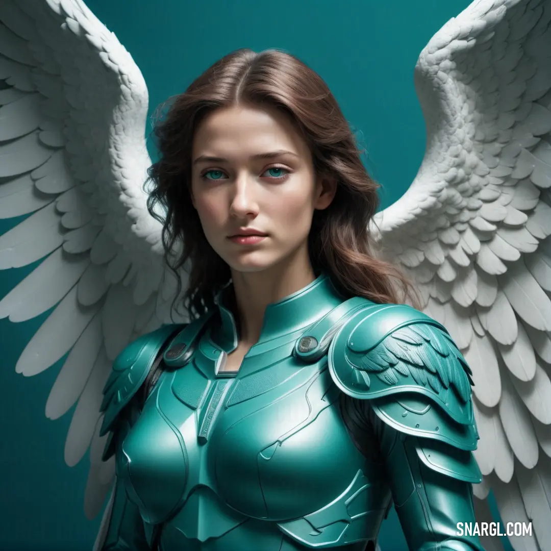 Angel with wings on her chest and a green suit on her chest