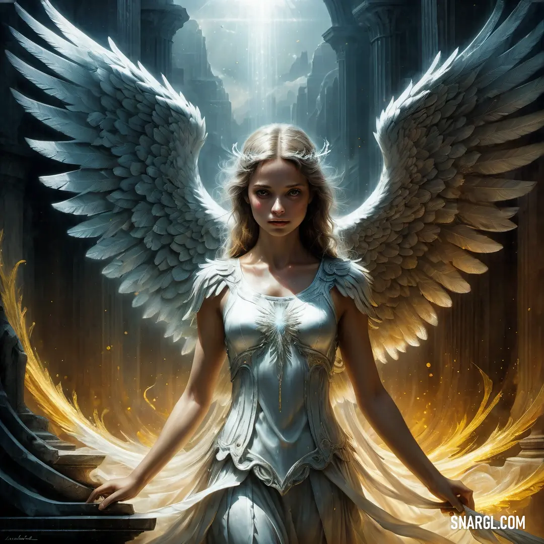 Angel with wings standing in front of a doorway with a sword in her hand and a halo around her neck