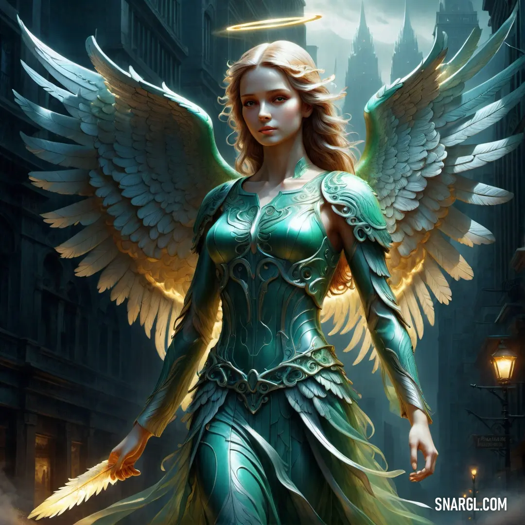 Angel with wings standing in a city street at night with a light on her head