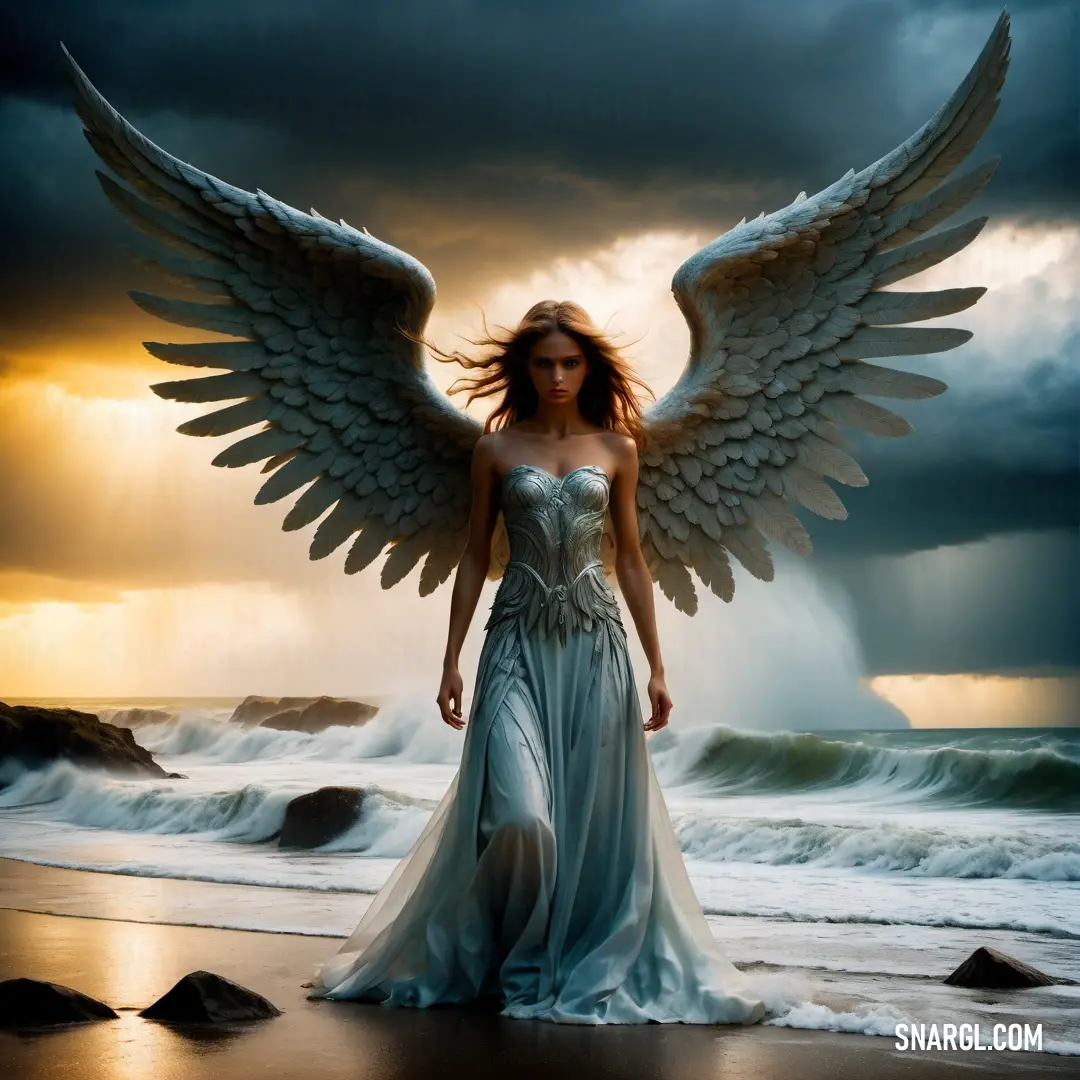 Angel with wings standing on a beach near the ocean with a storm in the background and a stormy sky