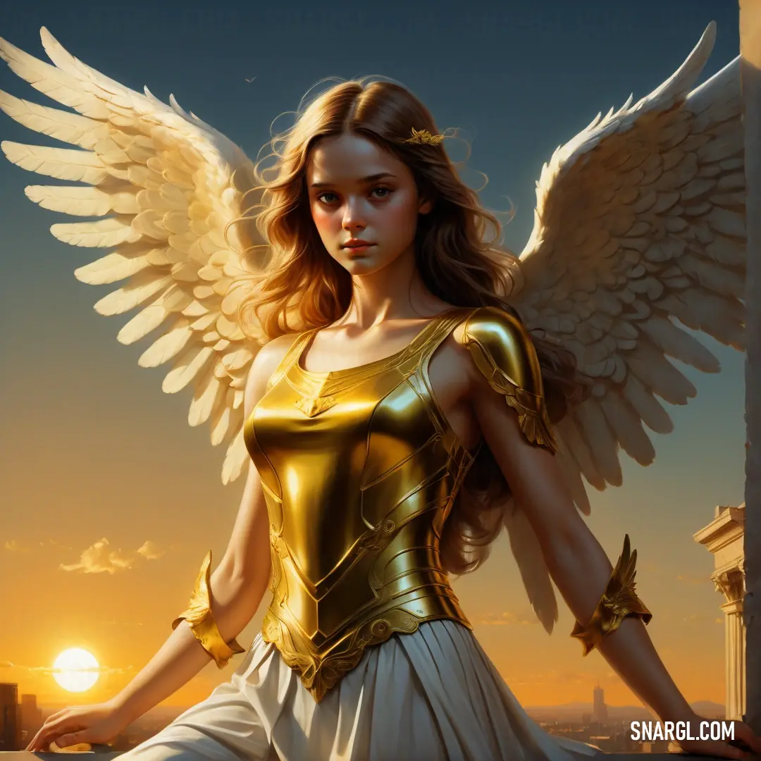 Angel with wings standing in front of a building at sunset with the sun behind her