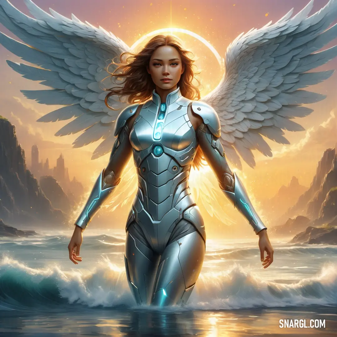 Angel with wings standing in the water with a sunset behind her and a mountain in the background with a body of water