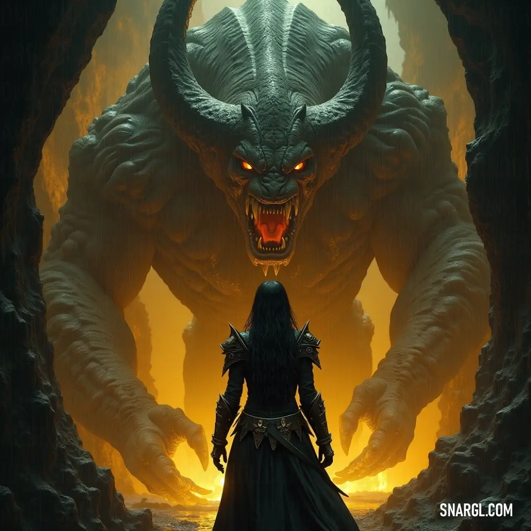Angela faces an enormous demon in a dark cave, standing boldly in its shadow, an intense standoff unfolding in the depths of the underground. A fierce and determined Angela stands strong in front of an enormous demon in a dark cave. The towering creature casts an ominous shadow over her, its presence magnified by the eerie atmosphere of the cave.