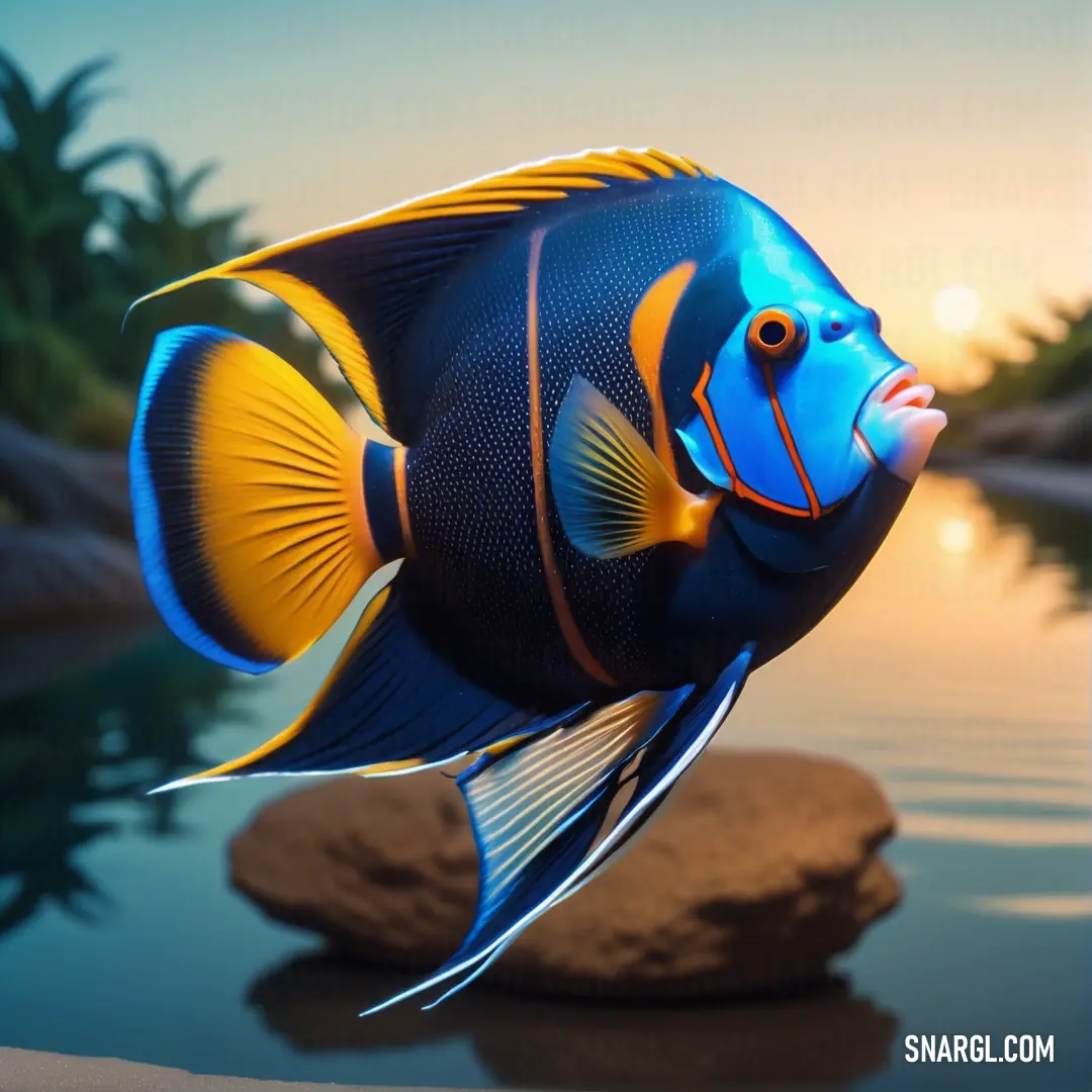 Blue and yellow fish on a rock in the water with a sunset in the background and a body of water