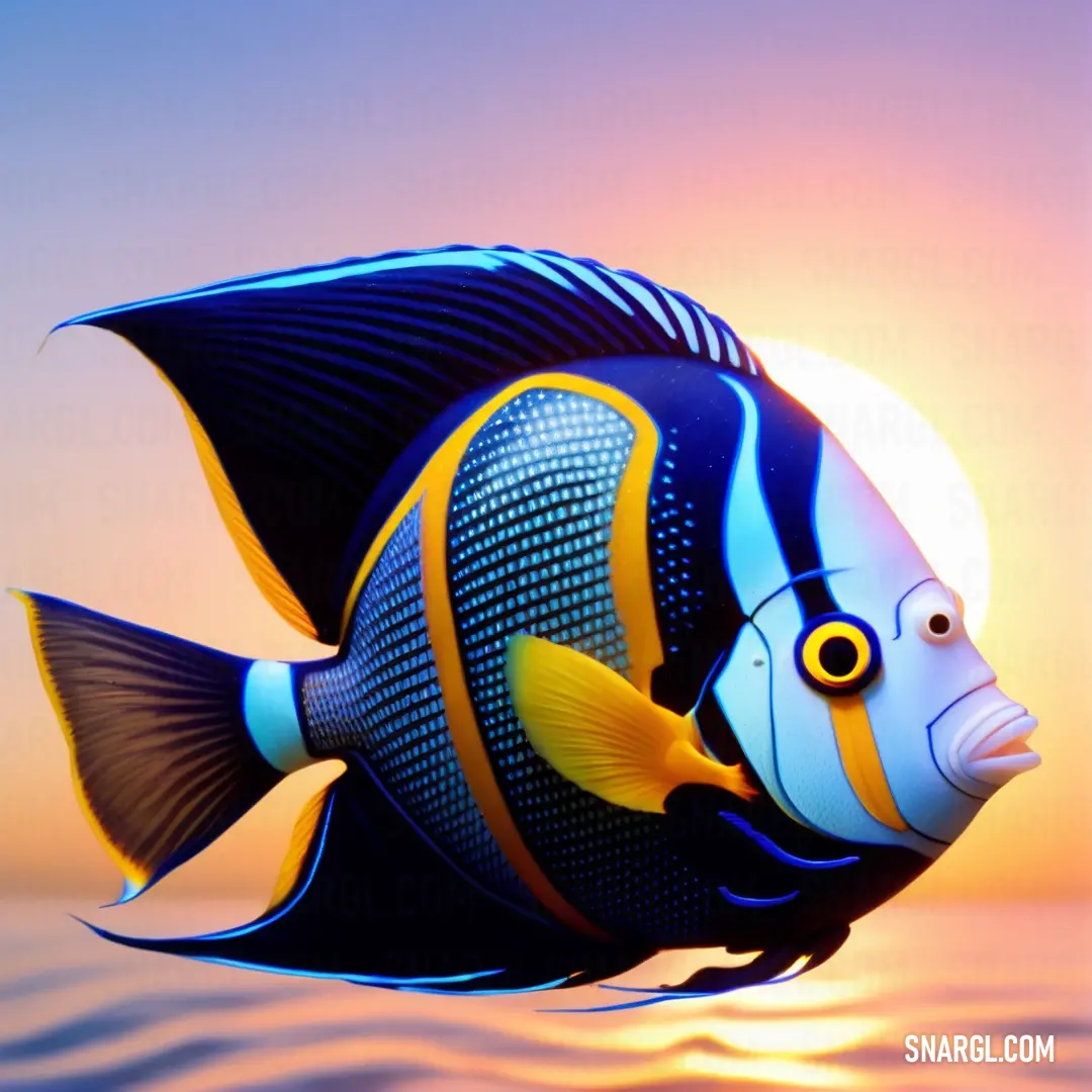 Blue and yellow fish with a yellow stripe on its face and a blue body of water