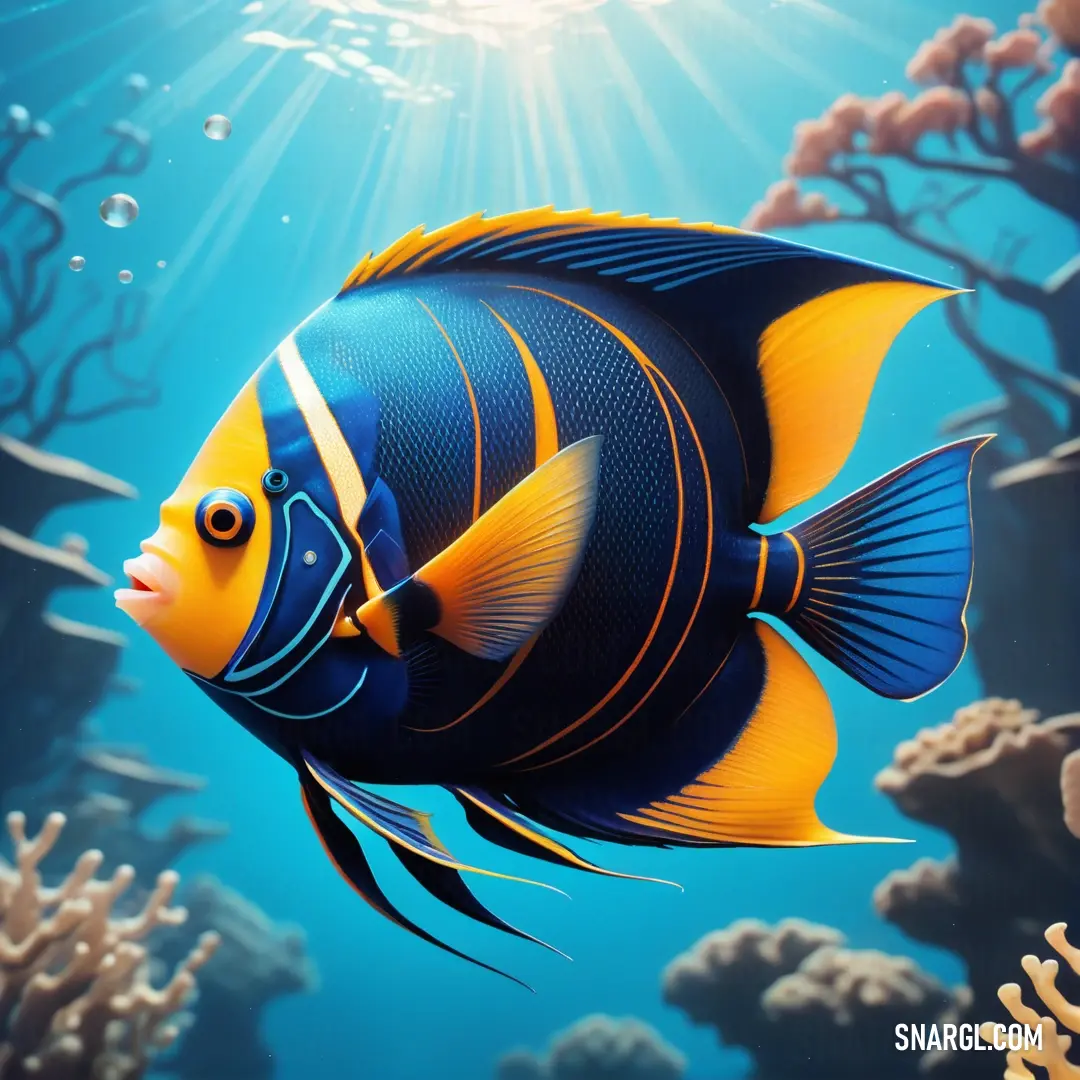Blue and yellow fish swimming in a coral reef with sunbeams and corals in the background