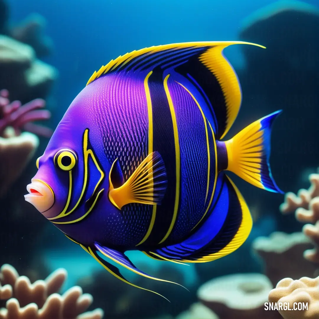 Blue and yellow fish swimming in a coral reef with corals and seaweed in the background