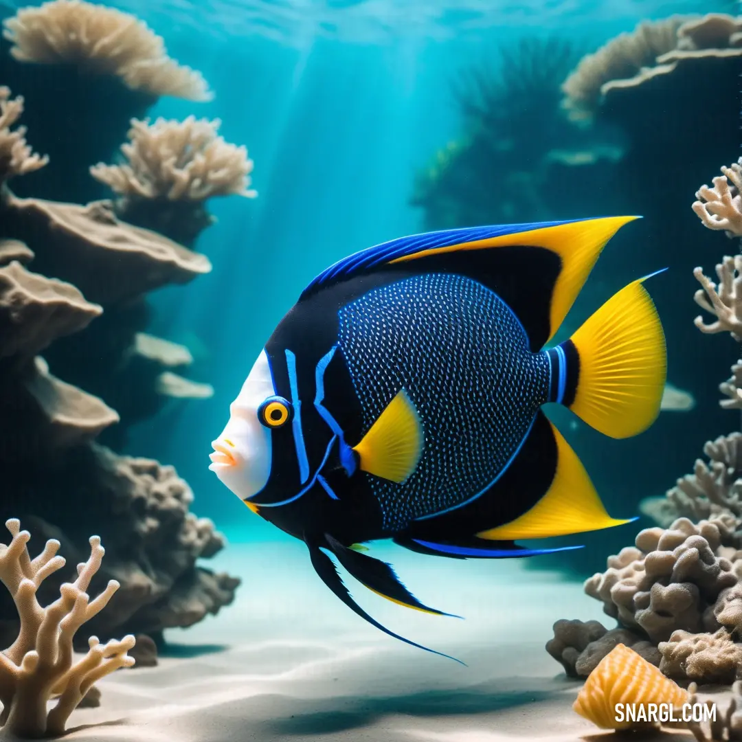 Blue and yellow fish swimming in a coral reef with corals and seaweed in the background