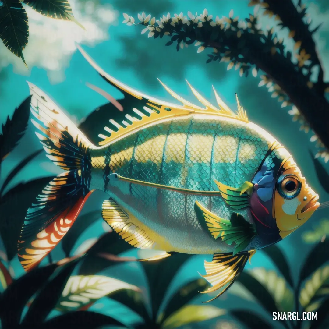 Fish that is swimming in some water near plants and trees with a sky background