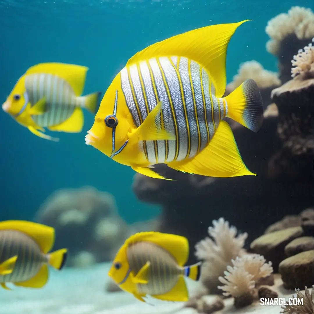 Group of yellow fish swimming in a blue ocean water with corals