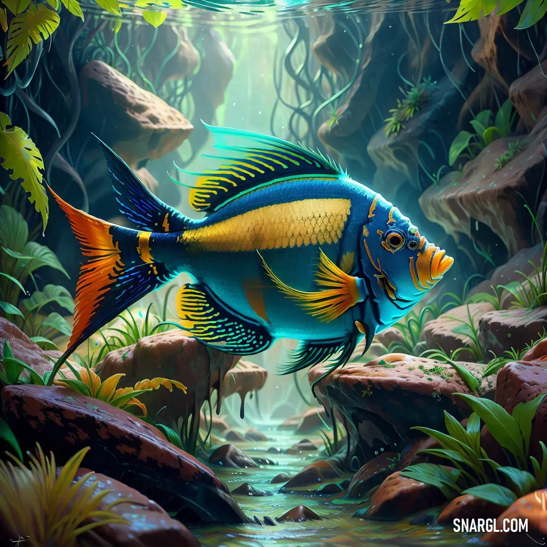 Painting of a fish in a tropical aquarium with rocks and plants around it and a stream running through the water