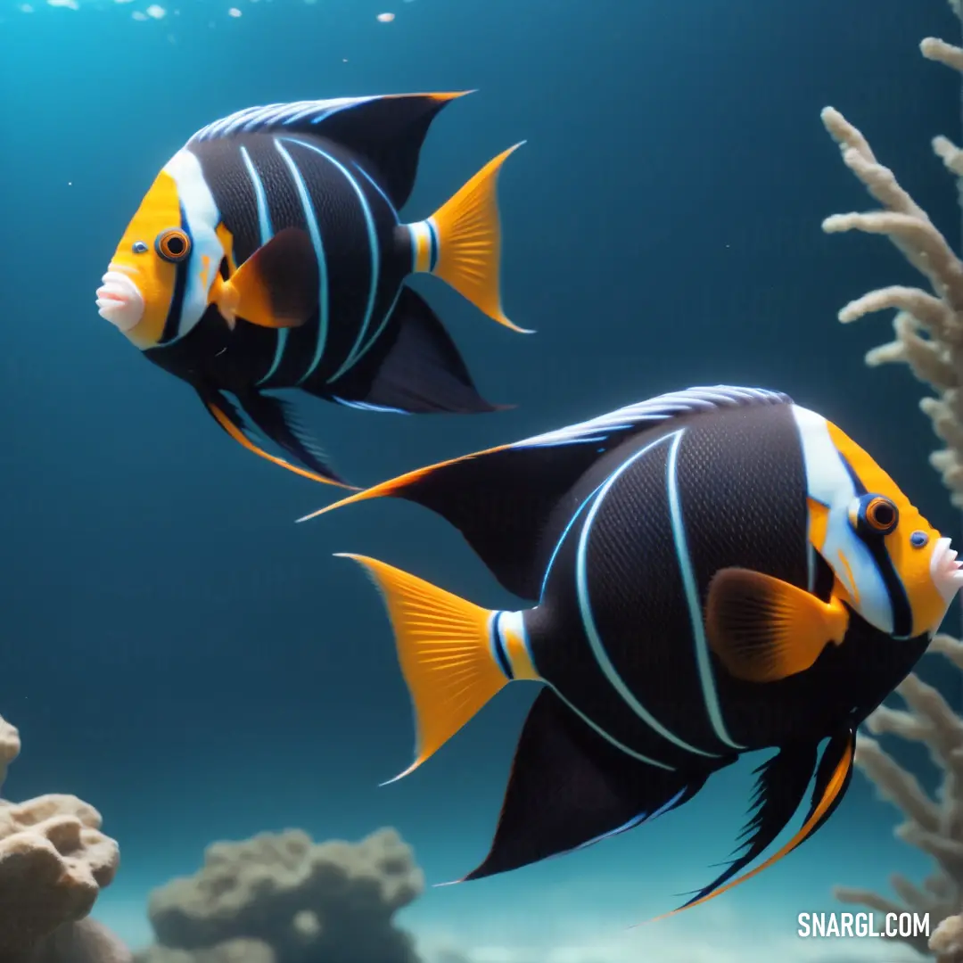 Two black and yellow fish swimming in a blue ocean with corals and sponges on the bottom of the water