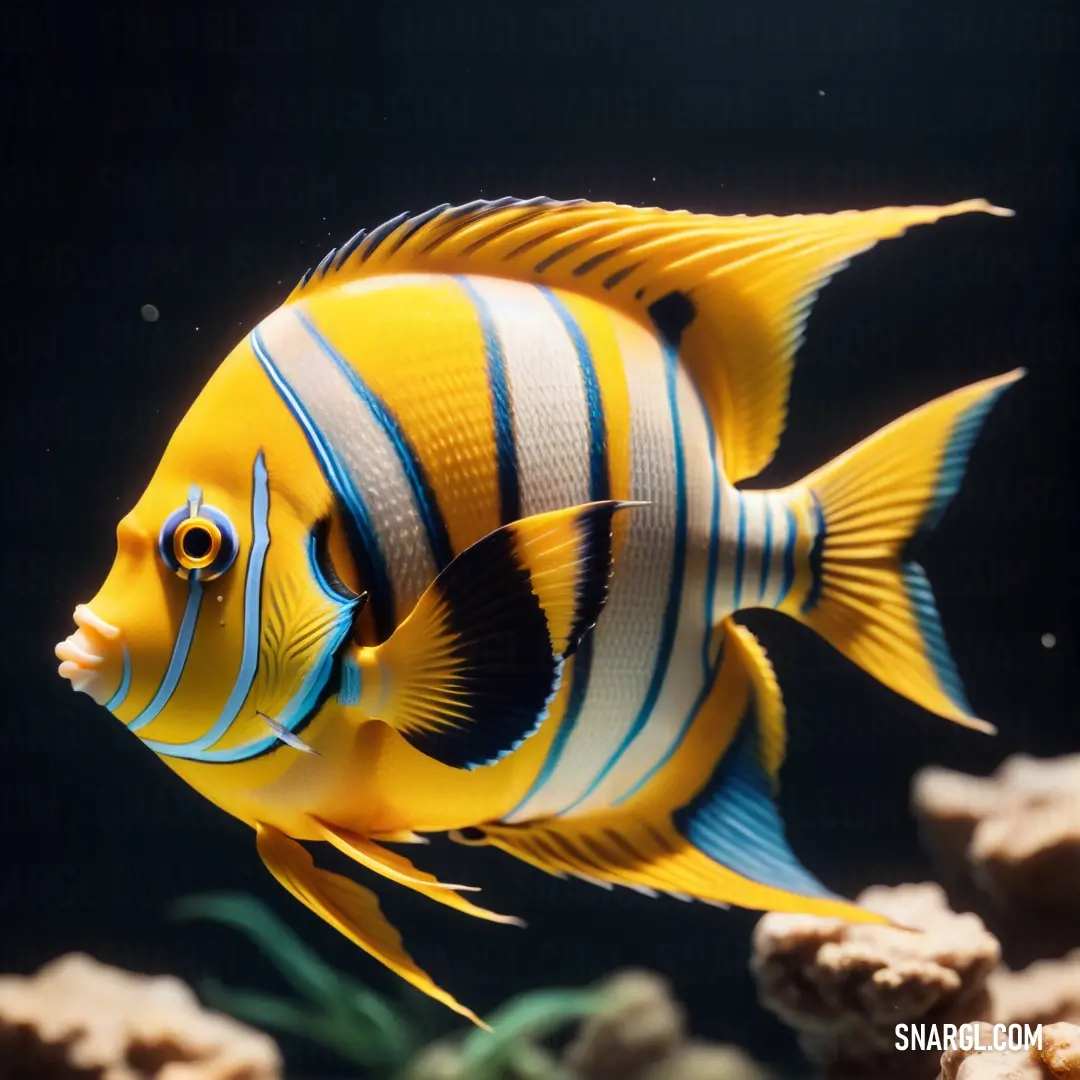 Yellow and blue fish in a tank of water with rocks and plants in the background