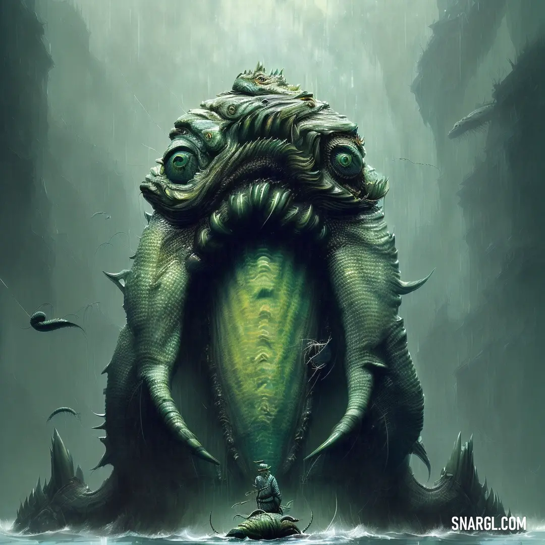 Giant creature floating in the ocean with a man standing on top of it's head and eyes