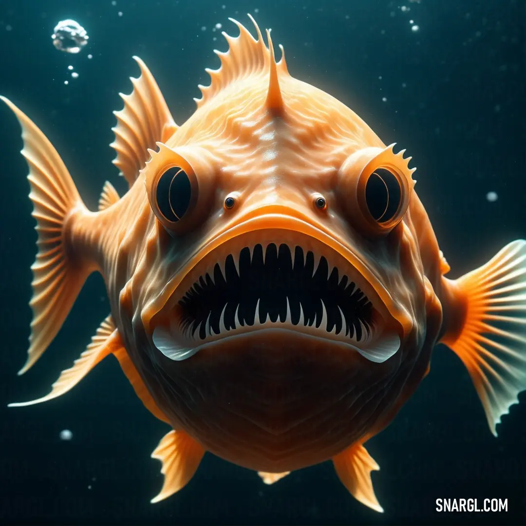 Fish with a big mouth and big teeth in the water with bubbles around it's mouth and a smaller fish