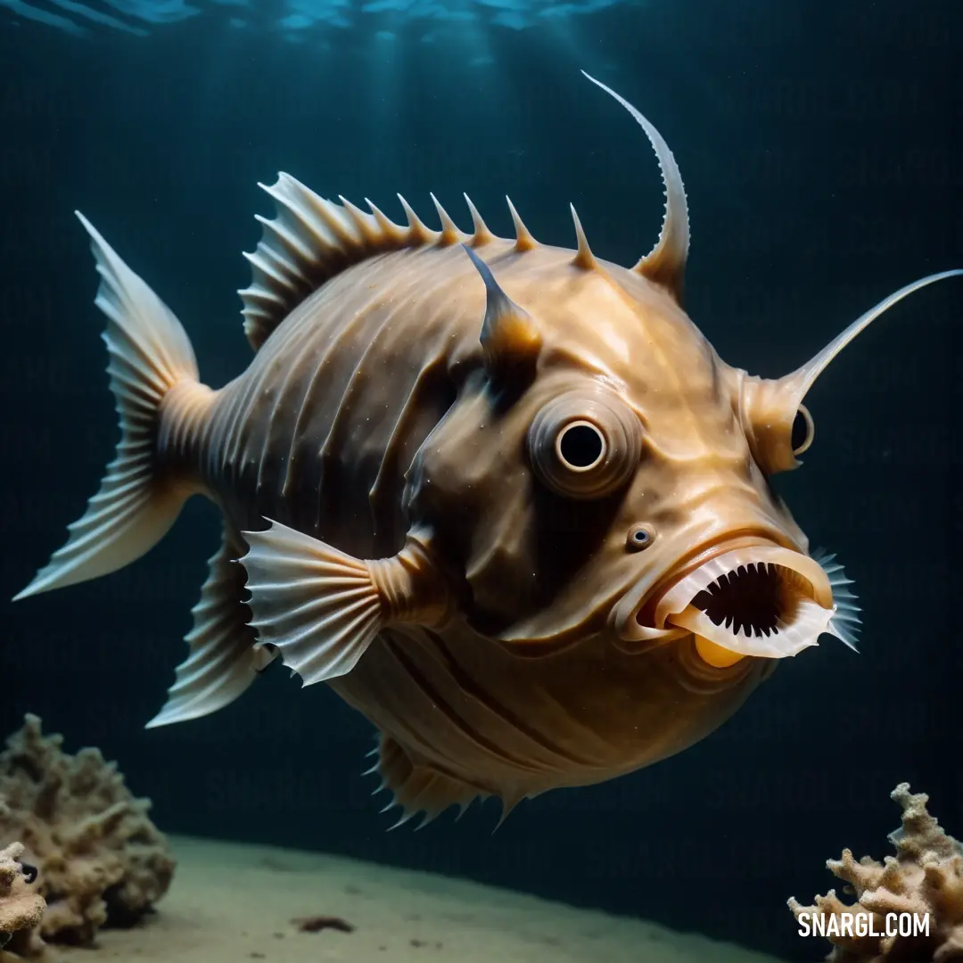 Fish with its mouth open in a tank of water with corals and algaes around it