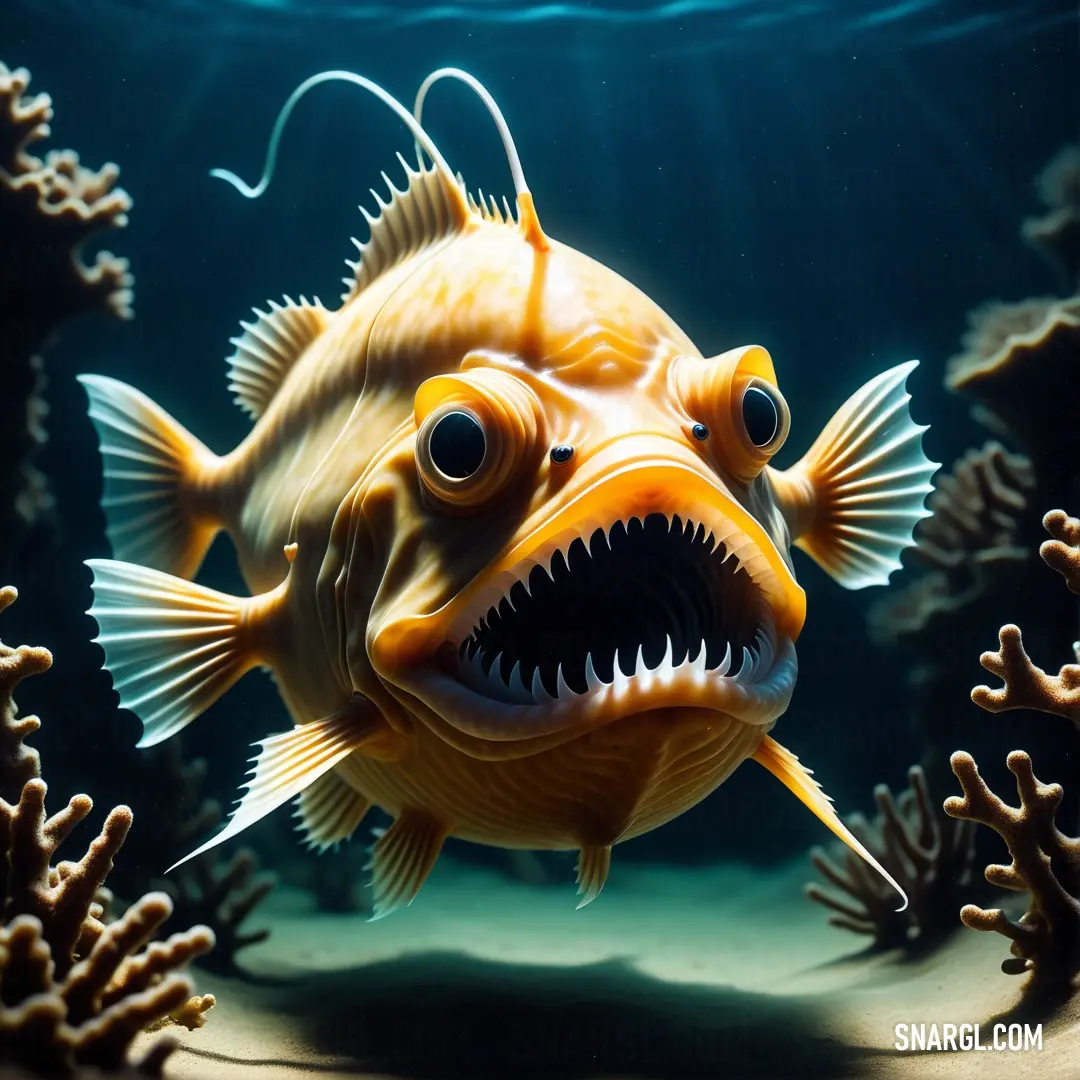 Fish with its mouth open and its teeth wide open in a sea aquarium with corals and sponges