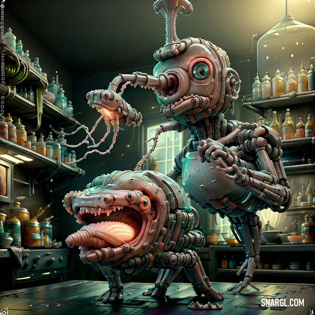 Robot dog is in a kitchen with a glowing light in its mouth and a bottle of alcohol in the background