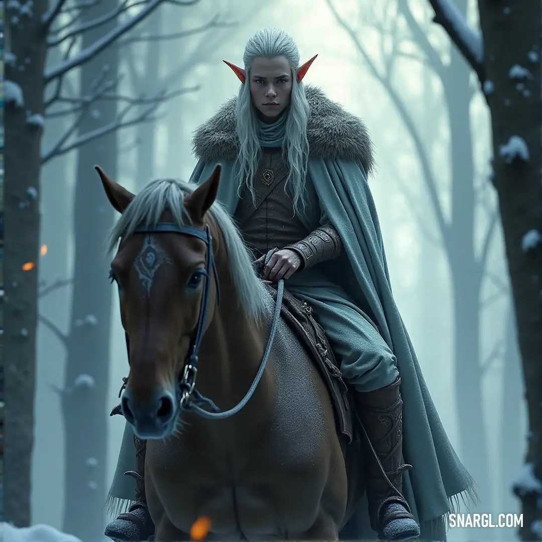 A noble figure rides a majestic horse through the forest, the man’s horns and beard a striking contrast against the natural beauty of the woods. His costume exudes strength, as he rides with purpose and grace.