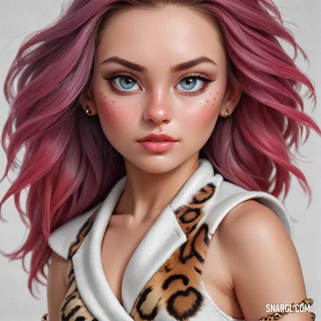 Digital painting of a woman with pink hair and leopard print top on her shirt