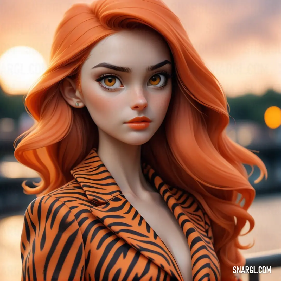 Doll with long hair and a tiger print shirt on a railing near a body of water at sunset