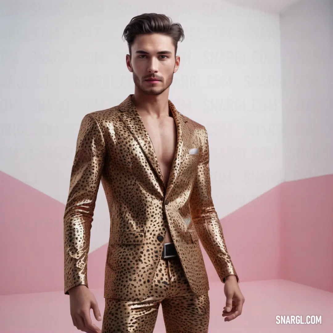 Man in a gold suit standing in a room with a pink wall behind him and a pink