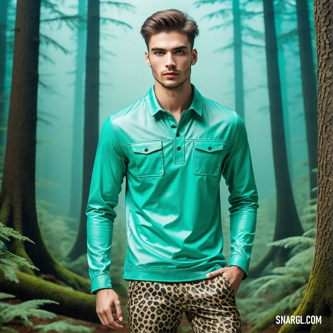 Man in a green shirt standing in a forest with trees and plants in the background