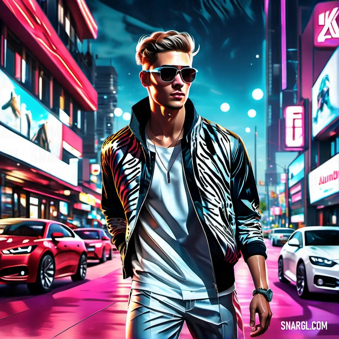 Man in a leather jacket and sunglasses walking down a street at night with neon lights on the buildings