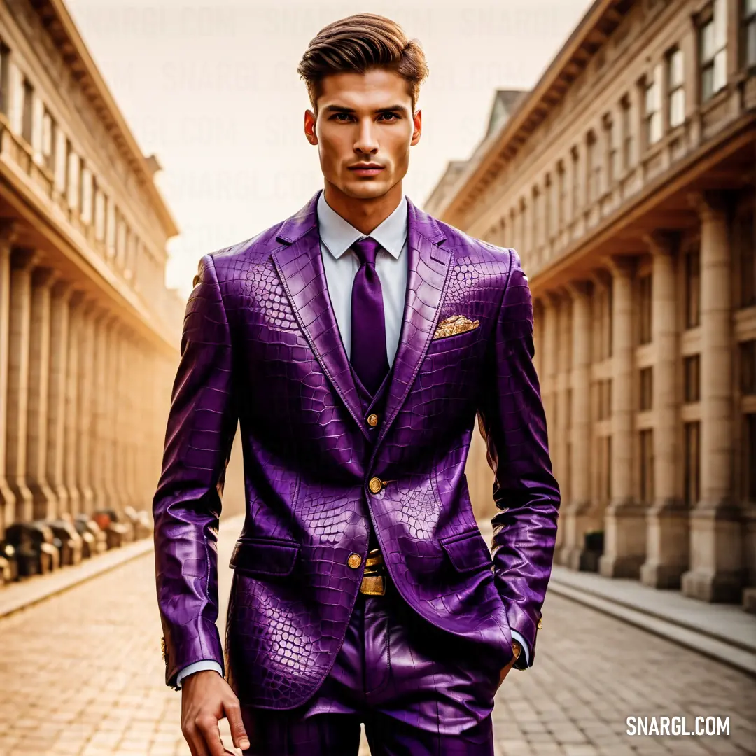 Man in a purple suit and tie standing in a street with buildings in the background