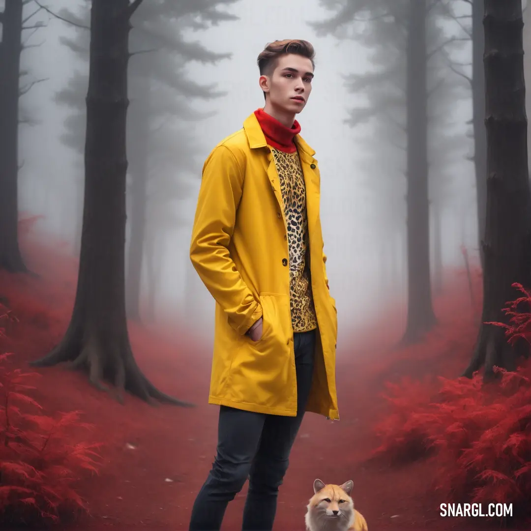 Man in a yellow coat standing next to a dog in a forest with red leaves and trees in the background