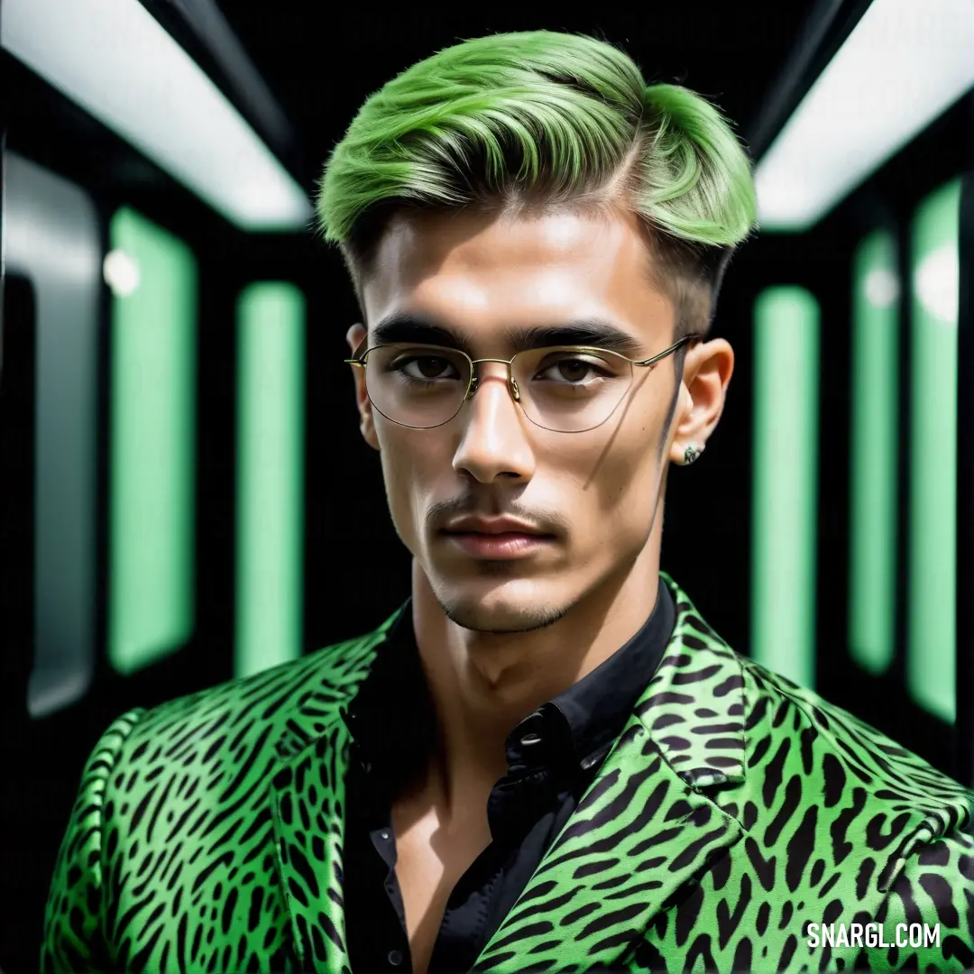 Man with green hair and glasses in a room with green lights and a black shirt