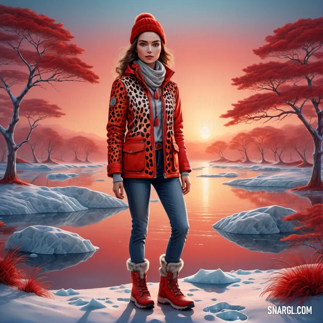 Painting of a woman standing in the snow with a red jacket and leopard print on it