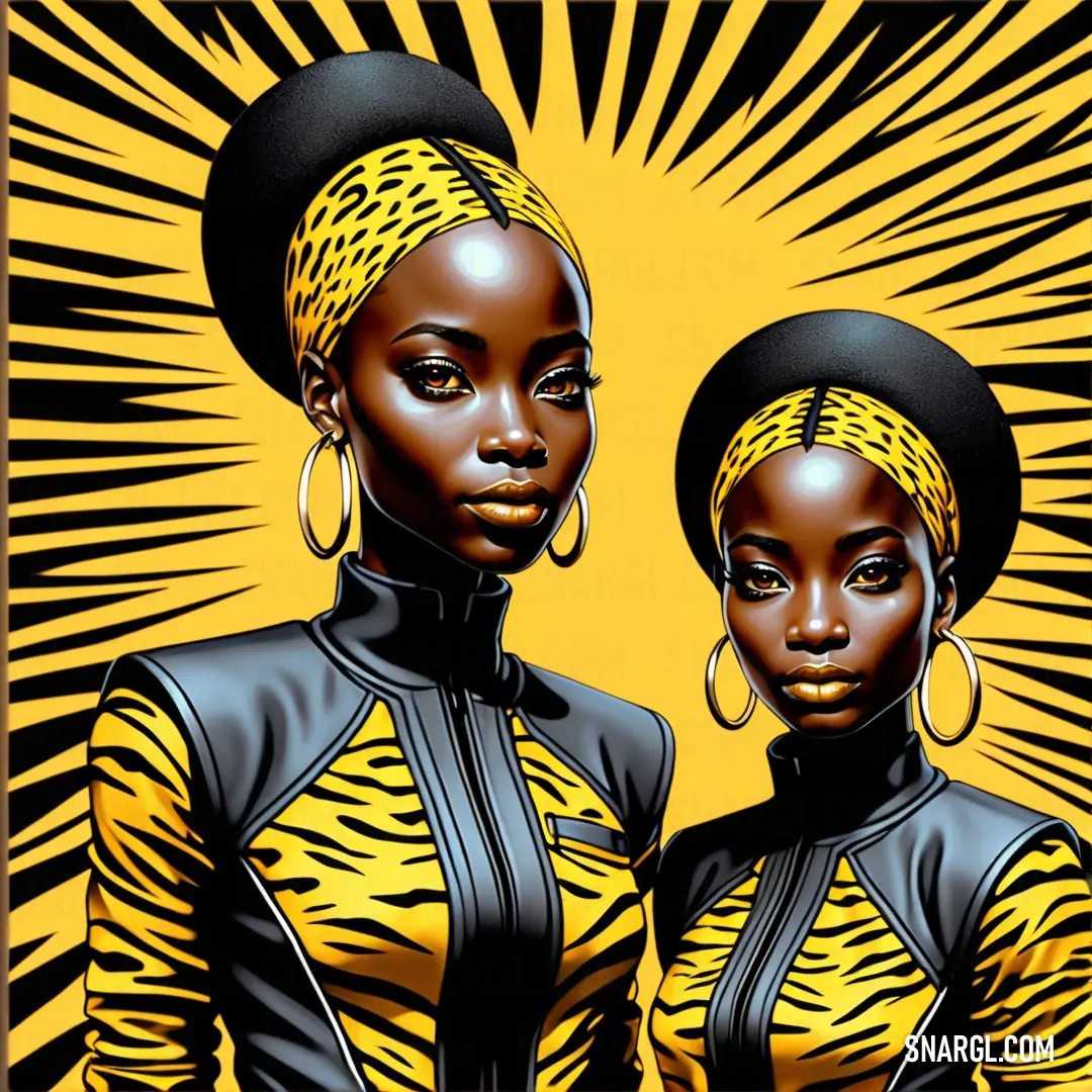 Two women in black and yellow outfits with a yellow background and sunbursts behind them
