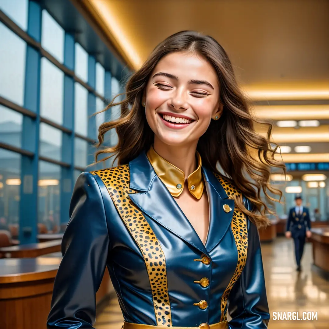 Woman in a blue leather suit smiling at the camera while standing in a hallway