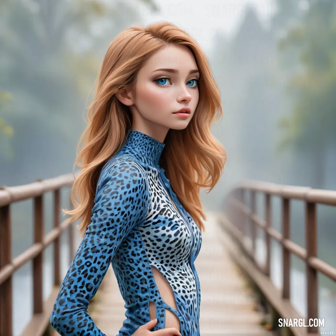 Woman in a blue leopard print dress standing on a bridge with her hands on her hips and looking at the camera
