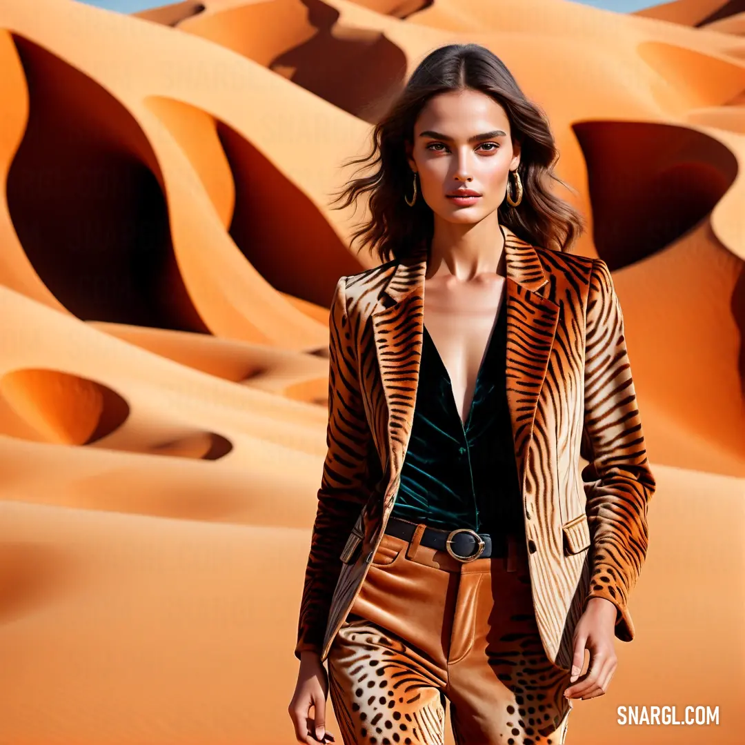 Woman in a brown and black jacket and pants walking in a desert area with a desert like background