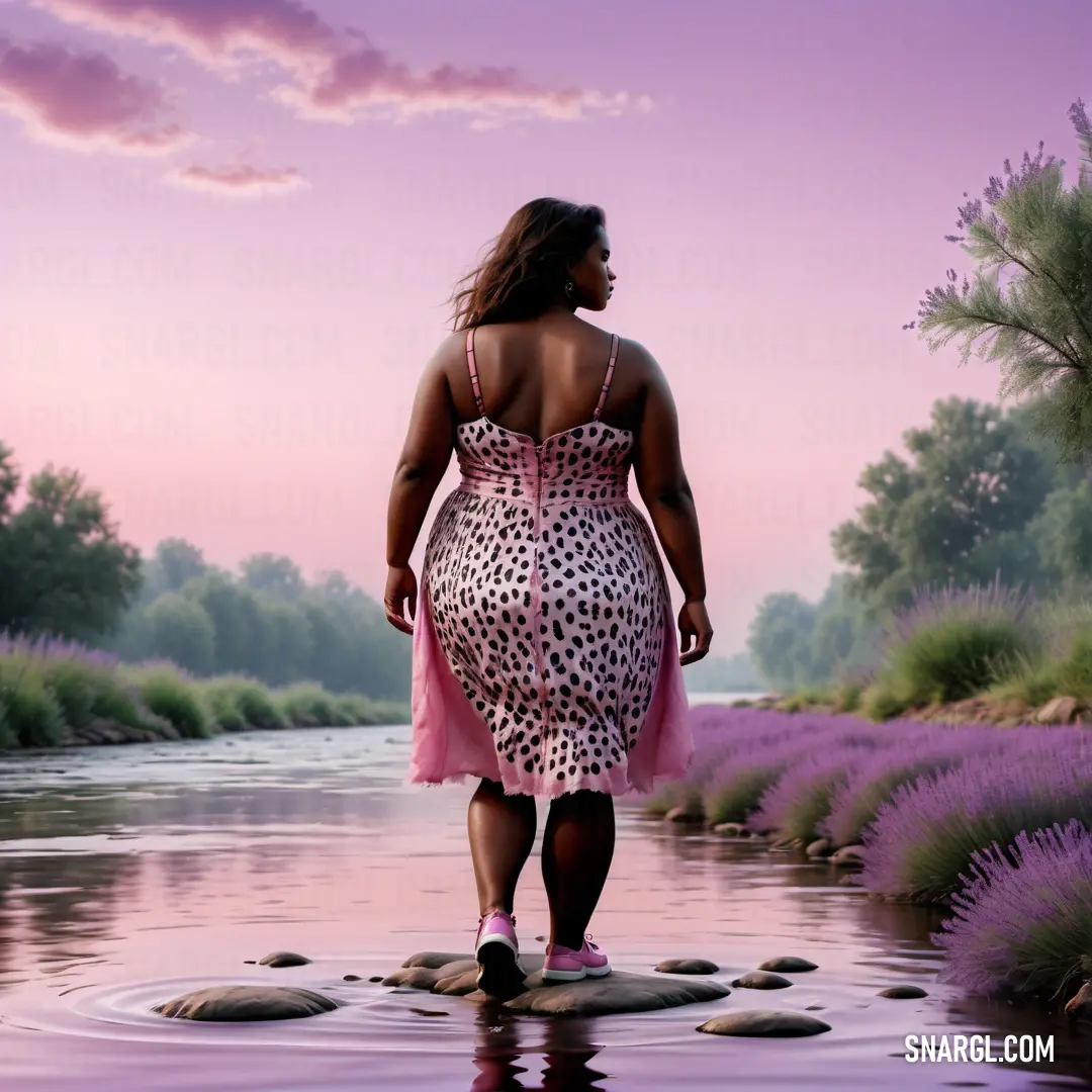 Woman in a dress walking across a river with rocks in the water and lavenders in the background