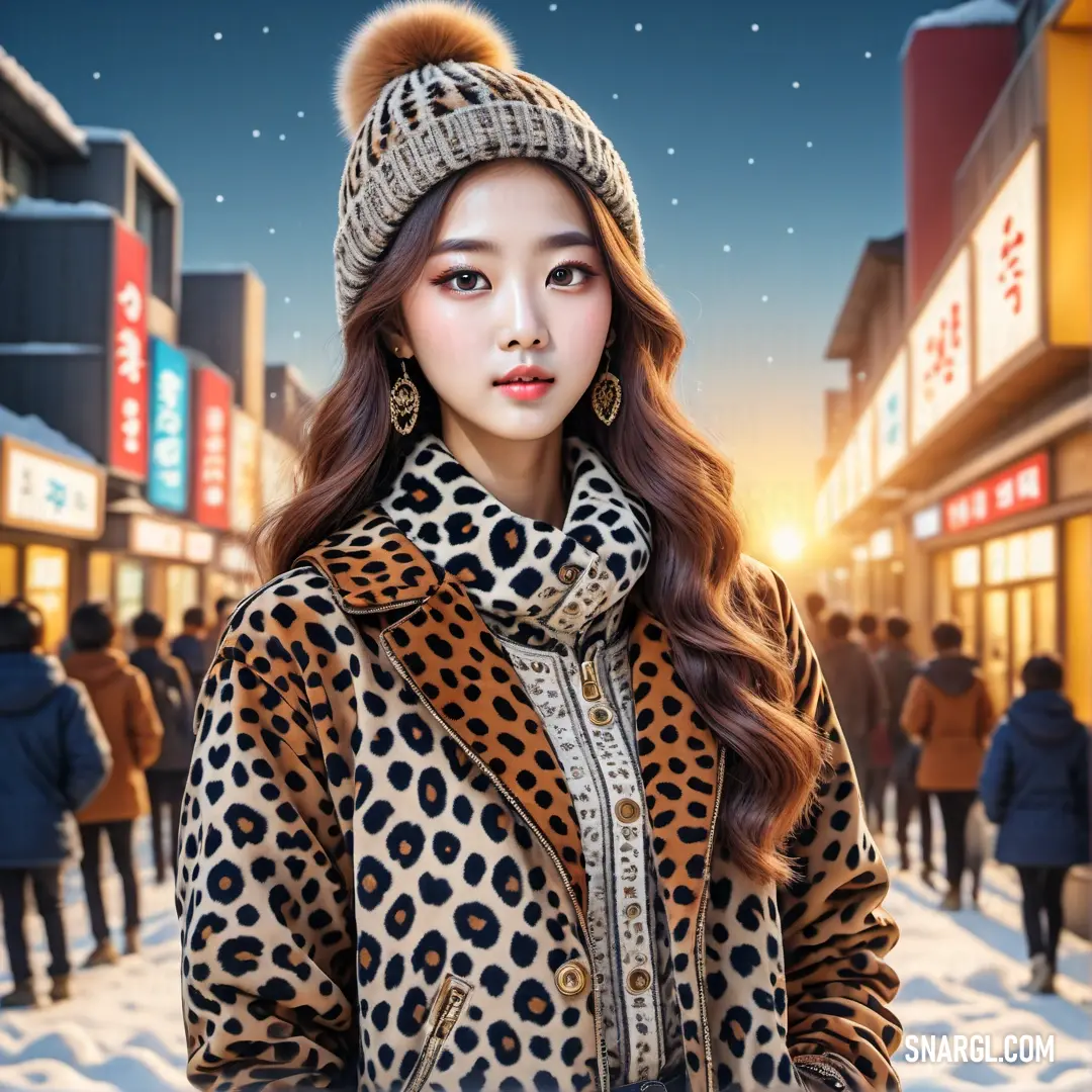Woman in a leopard coat and hat standing in the snow in front of a city street with people