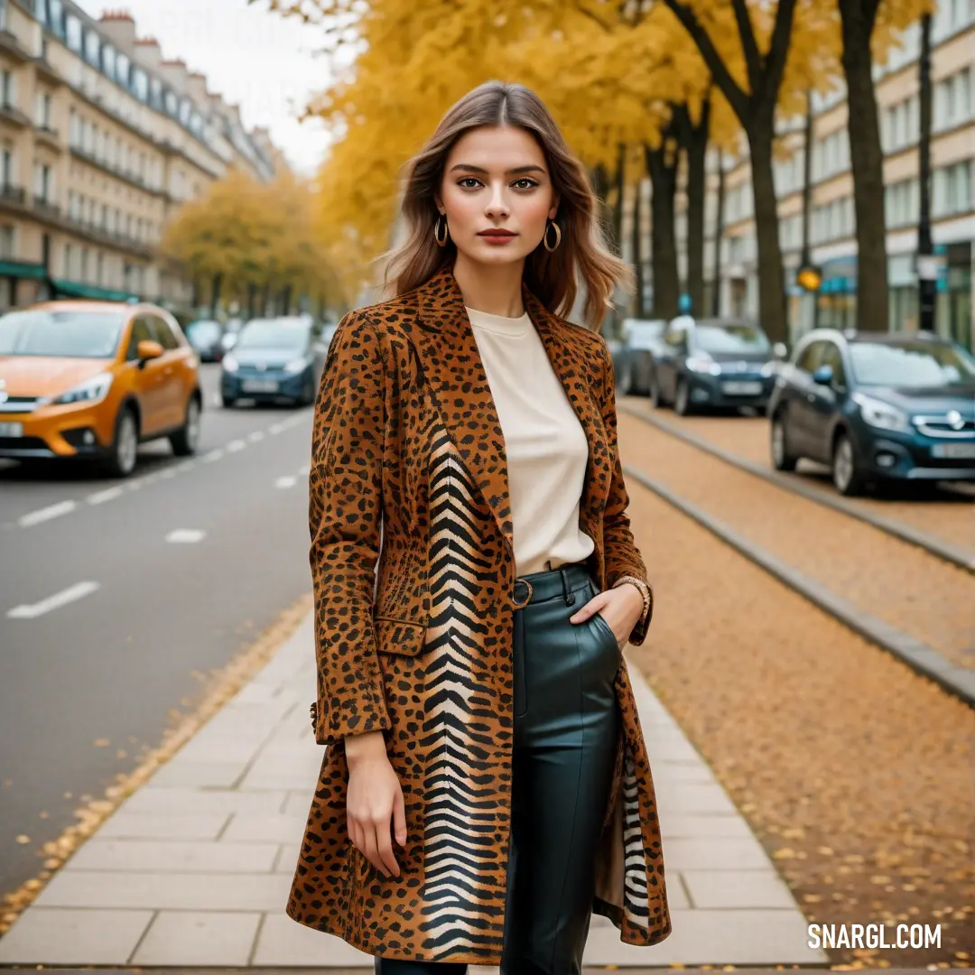 Woman in a leopard print coat and black pants stands on a sidewalk near a street lined with parked cars