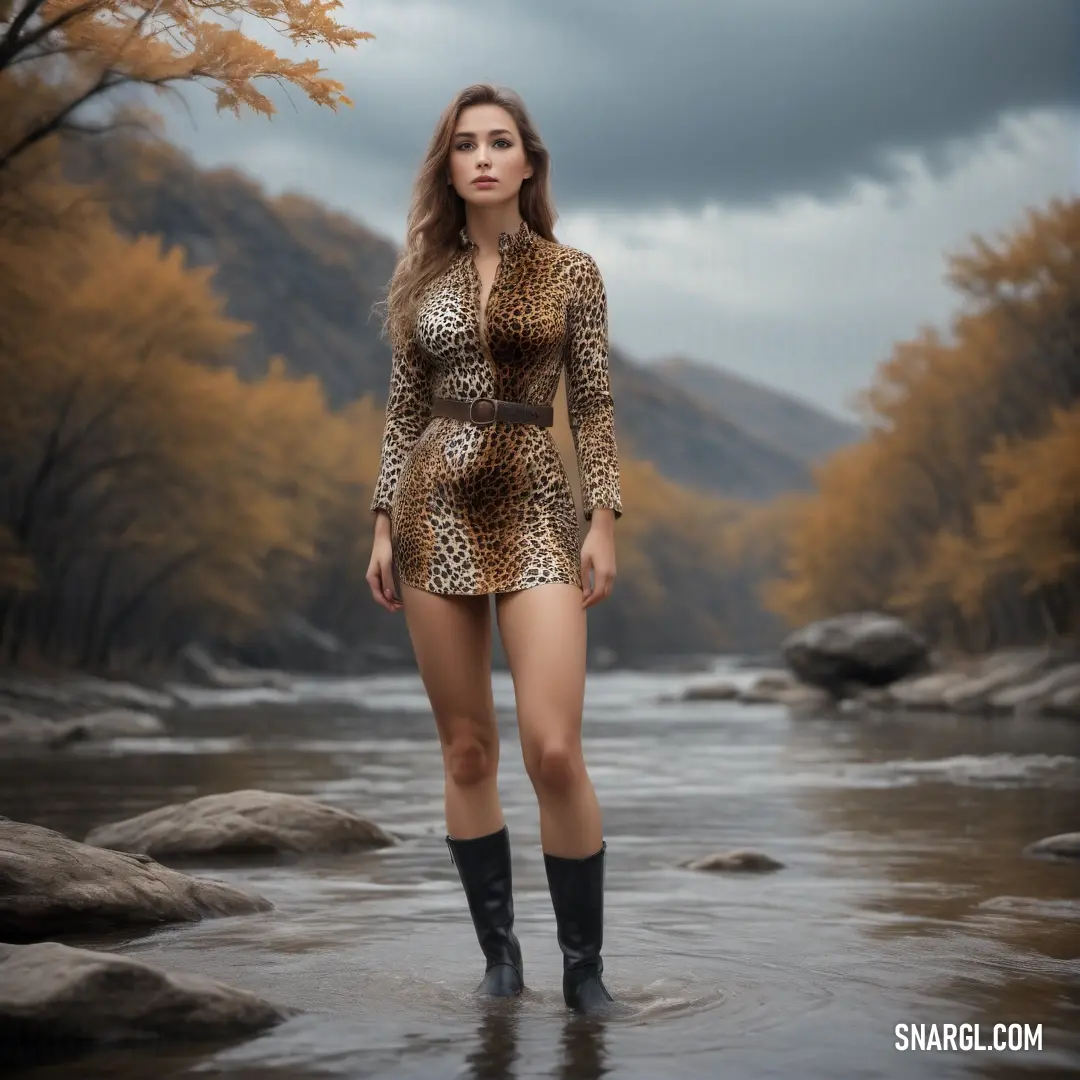 Woman in a leopard print dress standing in a river with trees in the background
