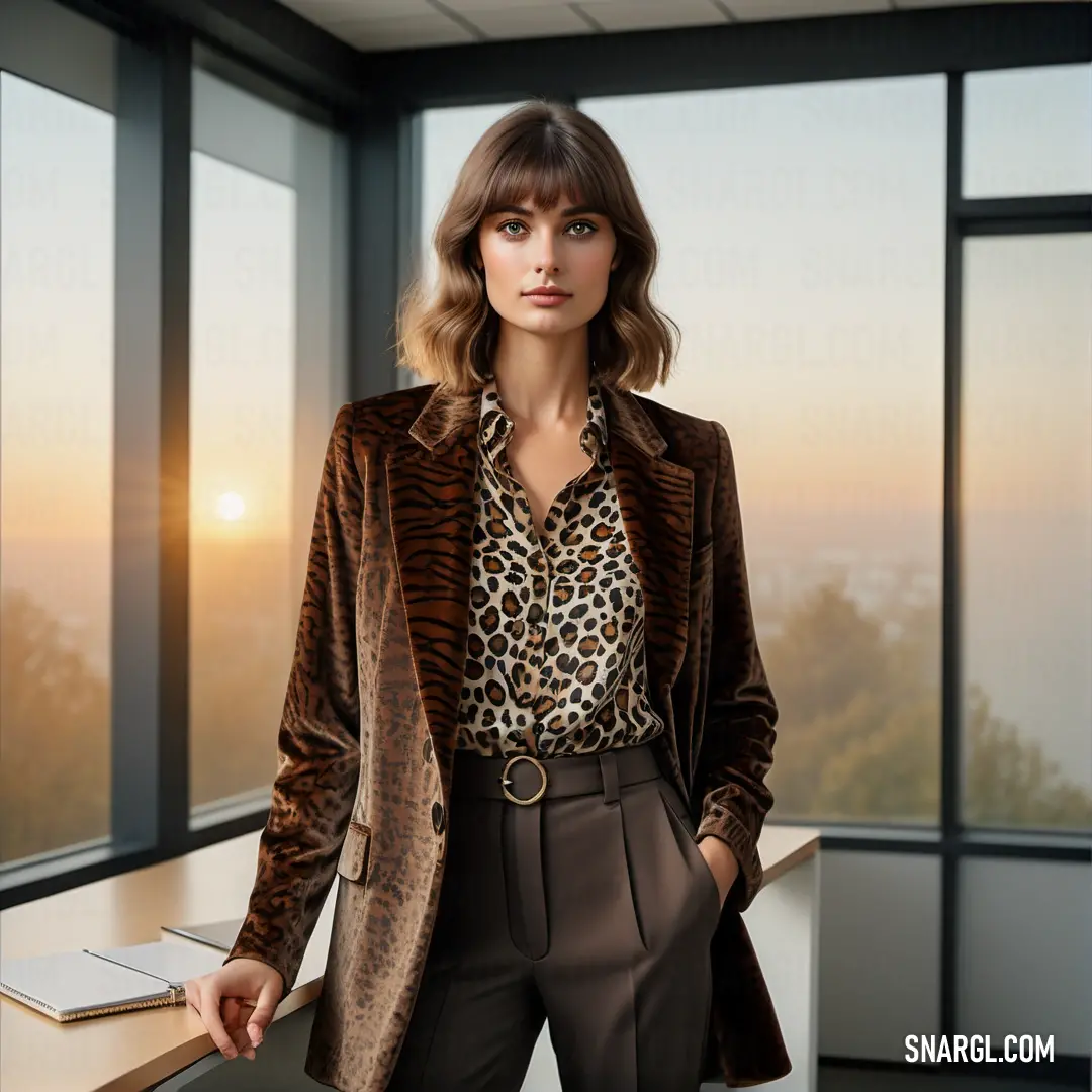 Woman in a leopard print shirt and jacket standing in front of a window with a laptop on a desk