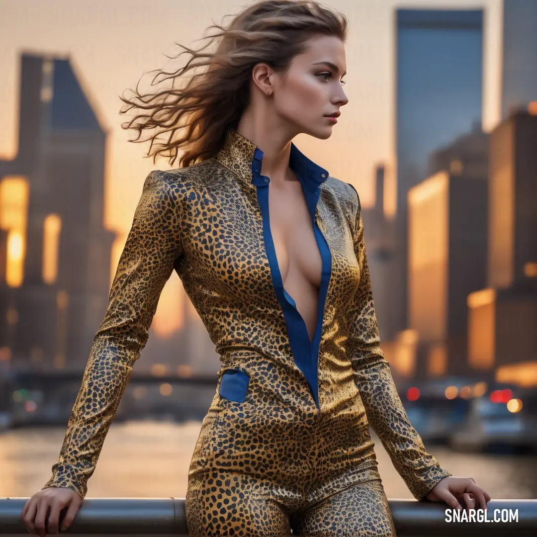 Woman in a leopard print suit posing for a picture in front of a city skyline at sunset or dawn