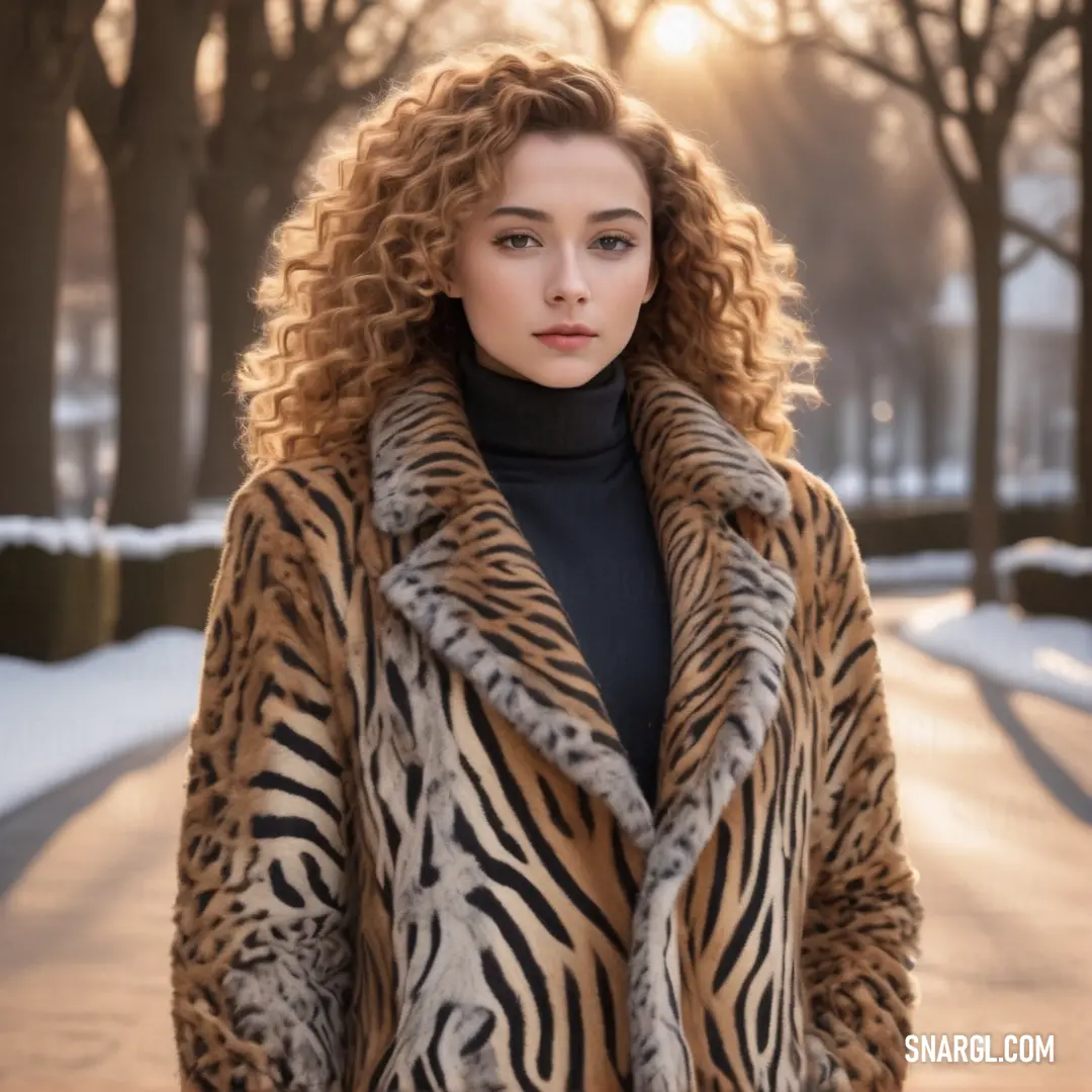 Woman in a tiger print coat standing on a sidewalk in the snow with trees in the background