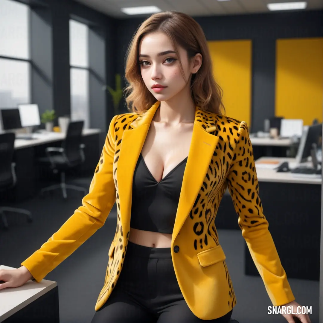 Woman in a yellow jacket and black top on a desk in an office setting