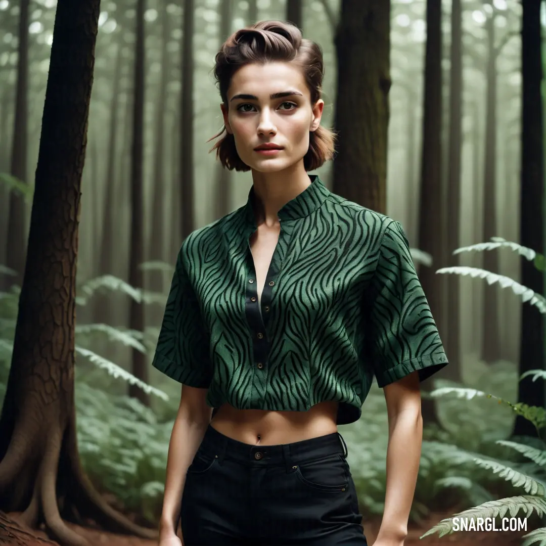 Woman standing in a forest with a green shirt on and a black skirt on her waist