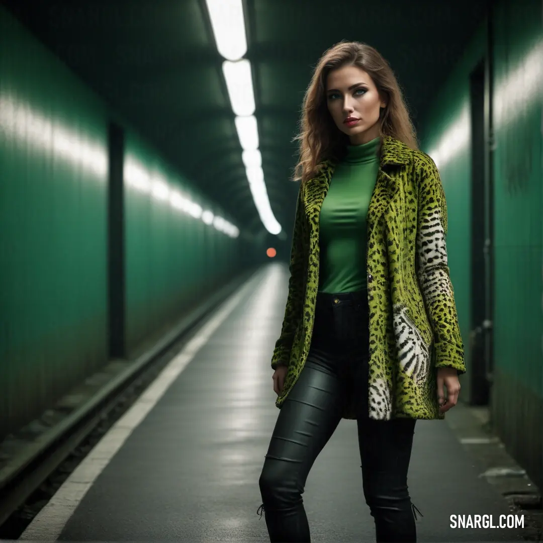 Woman standing in a tunnel with a green shirt and black pants on and a green top on